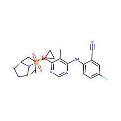 Cc1c(Nc2ccc(F)cc2C#N)ncnc1O[C@@H]1C[C@@H]2CC[C@H](C1)N2S(=O)(=O)C1CC1 ZINC000103232121