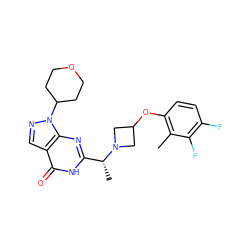 Cc1c(OC2CN([C@H](C)c3nc4c(cnn4C4CCOCC4)c(=O)[nH]3)C2)ccc(F)c1F ZINC001772616810