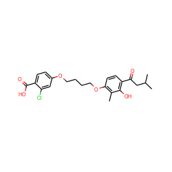 Cc1c(OCCCCOc2ccc(C(=O)O)c(Cl)c2)ccc(C(=O)CC(C)C)c1O ZINC000169351405