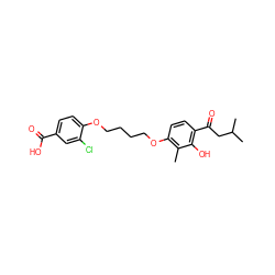 Cc1c(OCCCCOc2ccc(C(=O)O)cc2Cl)ccc(C(=O)CC(C)C)c1O ZINC000169351424