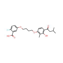 Cc1c(OCCCCOc2ccc(F)c(C(=O)O)c2)ccc(C(=O)CC(C)C)c1O ZINC000169351411