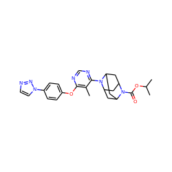 Cc1c(Oc2ccc(-n3ccnn3)cc2)ncnc1N1C2CC3CC1CC(C2)N3C(=O)OC(C)C ZINC000095596206