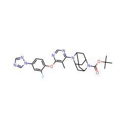 Cc1c(Oc2ccc(-n3cncn3)cc2F)ncnc1N1C2CC3CC1CC(C2)N3C(=O)OC(C)(C)C ZINC000095597910