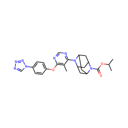 Cc1c(Oc2ccc(-n3cnnn3)cc2)ncnc1N1C2CC3CC1CC(C2)N3C(=O)OC(C)C ZINC000095594121