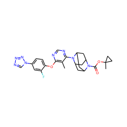 Cc1c(Oc2ccc(-n3cnnn3)cc2F)ncnc1N1C2CC3CC1CC(C2)N3C(=O)OC1(C)CC1 ZINC000095593034