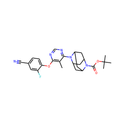 Cc1c(Oc2ccc(C#N)cc2F)ncnc1N1C2CC3CC1CC(C2)N3C(=O)OC(C)(C)C ZINC000095597407