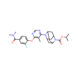 Cc1c(Oc2ccc(C(=O)N(C)C)cc2F)ncnc1N1C2CC3CC1CC(C2)N3C(=O)OC(C)C ZINC000095597750