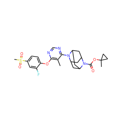 Cc1c(Oc2ccc(S(C)(=O)=O)cc2F)ncnc1N1C2CC3CC1CC(C2)N3C(=O)OC1(C)CC1 ZINC000095595829