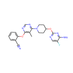 Cc1c(Oc2ccccc2C#N)ncnc1N1CCC(Oc2ncc(F)c(N)n2)CC1 ZINC000049785846