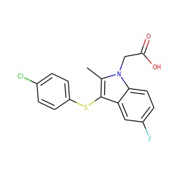 Cc1c(Sc2ccc(Cl)cc2)c2cc(F)ccc2n1CC(=O)O ZINC000073162760