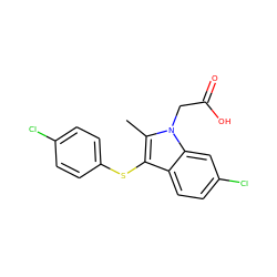 Cc1c(Sc2ccc(Cl)cc2)c2ccc(Cl)cc2n1CC(=O)O ZINC000073196292