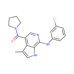 Cc1c[nH]c2c(Nc3cccc(Cl)c3)ncc(C(=O)N3CCCC3)c12 ZINC000045323806