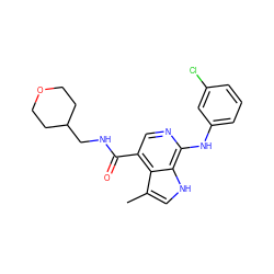 Cc1c[nH]c2c(Nc3cccc(Cl)c3)ncc(C(=O)NCC3CCOCC3)c12 ZINC000045319405