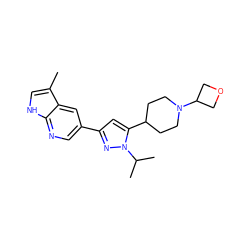 Cc1c[nH]c2ncc(-c3cc(C4CCN(C5COC5)CC4)n(C(C)C)n3)cc12 ZINC000146496382