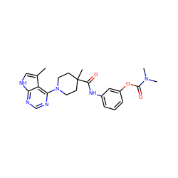 Cc1c[nH]c2ncnc(N3CCC(C)(C(=O)Nc4cccc(OC(=O)N(C)C)c4)CC3)c12 ZINC000147985412