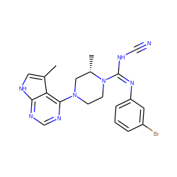 Cc1c[nH]c2ncnc(N3CCN(/C(=N\c4cccc(Br)c4)NC#N)[C@@H](C)C3)c12 ZINC000045254830