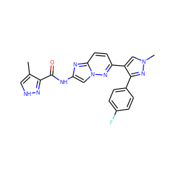 Cc1c[nH]nc1C(=O)Nc1cn2nc(-c3cn(C)nc3-c3ccc(F)cc3)ccc2n1 ZINC001772624588