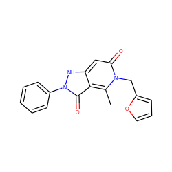 Cc1c2c(=O)n(-c3ccccc3)[nH]c2cc(=O)n1Cc1ccco1 ZINC000004741447