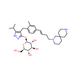 Cc1cc(/C=C/CCN2CCCC3(CCNCC3)C2)ccc1Cc1c(O[C@@H]2O[C@H](CO)[C@@H](O)[C@H](O)[C@H]2O)n[nH]c1C(C)C ZINC000147998649