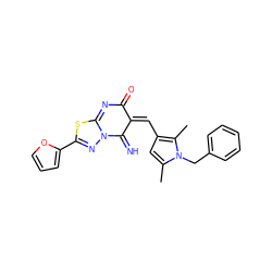 Cc1cc(/C=C2\C(=N)N3N=C(c4ccco4)SC3=NC2=O)c(C)n1Cc1ccccc1 ZINC000009347757