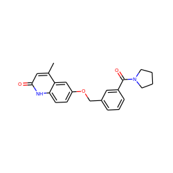 Cc1cc(=O)[nH]c2ccc(OCc3cccc(C(=O)N4CCCC4)c3)cc12 ZINC000045338857