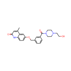 Cc1cc(=O)[nH]c2ccc(OCc3cccc(C(=O)N4CCN(CCO)CC4)c3)cc12 ZINC000045374444