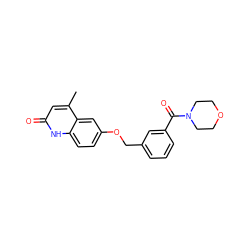 Cc1cc(=O)[nH]c2ccc(OCc3cccc(C(=O)N4CCOCC4)c3)cc12 ZINC000045384548