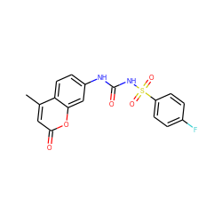 Cc1cc(=O)oc2cc(NC(=O)NS(=O)(=O)c3ccc(F)cc3)ccc12 ZINC000299831356