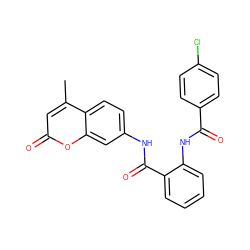 Cc1cc(=O)oc2cc(NC(=O)c3ccccc3NC(=O)c3ccc(Cl)cc3)ccc12 ZINC001772583775