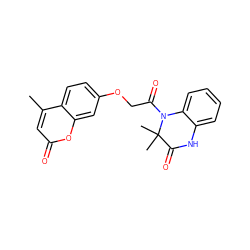 Cc1cc(=O)oc2cc(OCC(=O)N3c4ccccc4NC(=O)C3(C)C)ccc12 ZINC000005884839