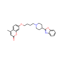 Cc1cc(=O)oc2cc(OCCCCN3CCC(c4nc5ccccc5o4)CC3)ccc12 ZINC000096929504