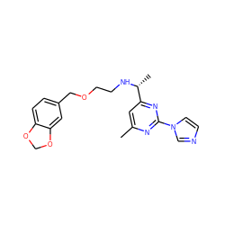 Cc1cc([C@@H](C)NCCOCc2ccc3c(c2)OCO3)nc(-n2ccnc2)n1 ZINC000035878330