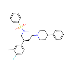 Cc1cc([C@H](CCN2CCC(c3ccccc3)CC2)CN(C)S(=O)(=O)c2ccccc2)ccc1F ZINC000003916952