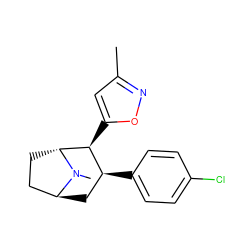 Cc1cc([C@H]2[C@@H](c3ccc(Cl)cc3)C[C@H]3CC[C@H]2N3C)on1 ZINC000100773435