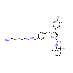 Cc1cc(-c2cc(C(=O)N[C@@H]3C(C)(C)[C@H]4CC[C@@]3(C)C4)nn2Cc2ccc(CNCCCCCCN)cc2)ccc1Cl ZINC000169312588