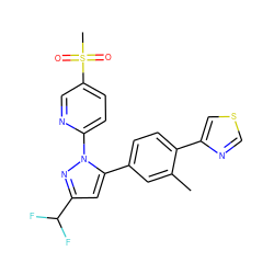 Cc1cc(-c2cc(C(F)F)nn2-c2ccc(S(C)(=O)=O)cn2)ccc1-c1cscn1 ZINC000028572214