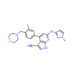 Cc1cc(-c2cc(Nc3ccn(C)n3)nc3[nH]cc(C#N)c23)ccc1CN1CCOCC1 ZINC000219683314