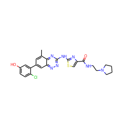 Cc1cc(-c2cc(O)ccc2Cl)cc2nnc(Nc3nc(C(=O)NCCN4CCCC4)cs3)nc12 ZINC000096167774