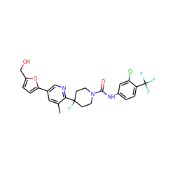 Cc1cc(-c2ccc(CO)o2)cnc1C1(F)CCN(C(=O)Nc2ccc(C(F)(F)F)c(Cl)c2)CC1 ZINC000205057312