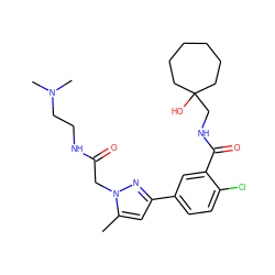 Cc1cc(-c2ccc(Cl)c(C(=O)NCC3(O)CCCCCC3)c2)nn1CC(=O)NCCN(C)C ZINC000043076644