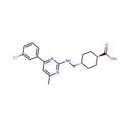 Cc1cc(-c2cccc(Cl)c2)nc(NC[C@H]2CC[C@H](C(=O)O)CC2)n1 ZINC000299819319