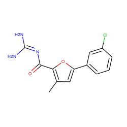 Cc1cc(-c2cccc(Cl)c2)oc1C(=O)N=C(N)N ZINC000028822446