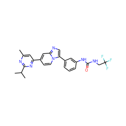 Cc1cc(-c2ccn3c(-c4cccc(NC(=O)NCC(F)(F)F)c4)cnc3c2)nc(C(C)C)n1 ZINC000169704688