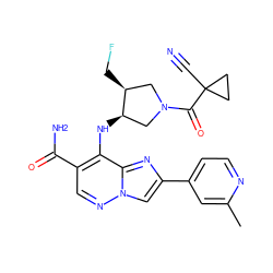 Cc1cc(-c2cn3ncc(C(N)=O)c(N[C@@H]4CN(C(=O)C5(C#N)CC5)C[C@@H]4CF)c3n2)ccn1 ZINC001772651910