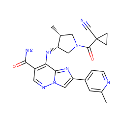 Cc1cc(-c2cn3ncc(C(N)=O)c(N[C@H]4CN(C(=O)C5(C#N)CC5)C[C@H]4C)c3n2)ccn1 ZINC001772633983