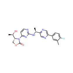 Cc1cc(-c2cnc([C@H](C)Nc3nccc(N4C(=O)OC[C@@H]4[C@@H](C)O)n3)cn2)ccc1F ZINC000221664531