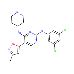 Cc1cc(-c2cnc(Nc3cc(Cl)cc(Cl)c3)nc2NC2CCNCC2)on1 ZINC000095593148