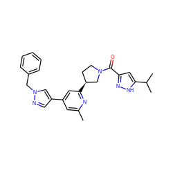 Cc1cc(-c2cnn(Cc3ccccc3)c2)cc([C@H]2CCN(C(=O)c3cc(C(C)C)[nH]n3)C2)n1 ZINC001772583986