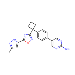 Cc1cc(-c2nc(C3(c4ccc(-c5cnc(N)nc5)cc4)CCC3)no2)[nH]n1 ZINC000149802181