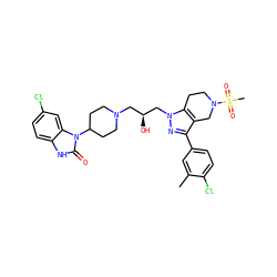 Cc1cc(-c2nn(C[C@@H](O)CN3CCC(n4c(=O)[nH]c5ccc(Cl)cc54)CC3)c3c2CN(S(C)(=O)=O)CC3)ccc1Cl ZINC000028339134